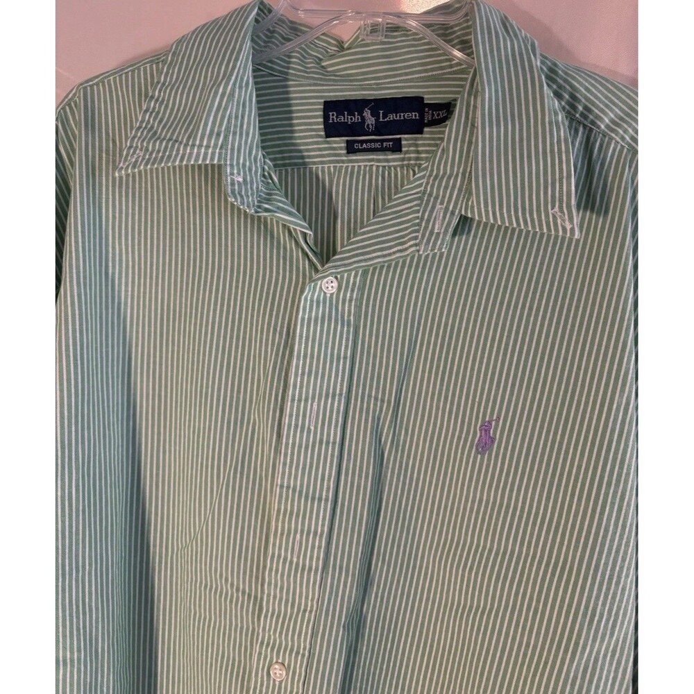 Ralph Lauren Mens Long Sleeve Shirt XXL Green White Stripes Button Down Classic